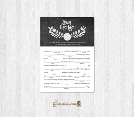 Harry Potter Bridal Shower Mad Libs Printable Game Wedding