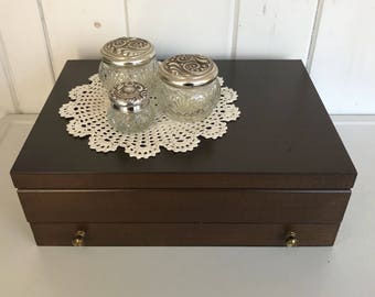 Flatware Box with Drawer Silverware Box Storage Dark Brown Felt Interior 14 3/4" x 10 3/4" x 5"