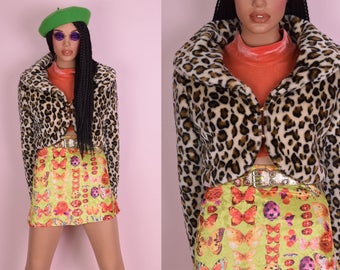 90s Leopard Print Faux Fur Cropped Jacket/ Medium/ 1990s