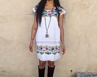 Vintage 60s cotton hand embroidery mini tunic dress SMALL