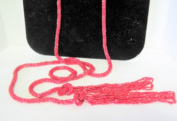 Red Glass Necklace, Beaded Lariat, Art Deco Flapper Tassel, 62 Inches
