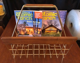 Vintage 1960s MCM Wood & Brass Magazine Rack