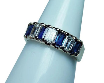 Vintage 18K Gold Sapphire Large Baguette Diamond Ring Band Estate
