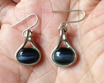 Blue Cats Eye Silver Earrings