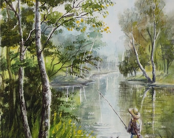 Landscape watercolor painting Birch trees painting nursery wall art decor Fishing gift|for|boyfriend gift|for|husband gift fishing painting