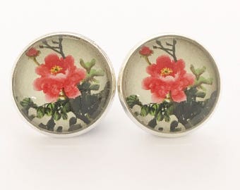 Floral Earrings, Red Floral Earrings, Red, Floral, Flower, Earrings, Studs, Posts, Silver Studs, Silver Posts, Vintage Style, Cherry Blossom