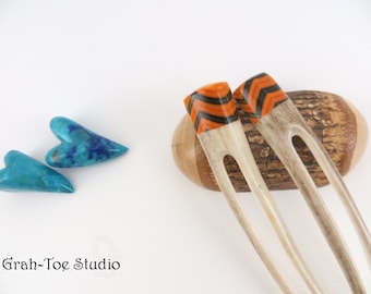 Antler Hair Forks Pair,Antler Hairforks,Grahtoe Studio, Hairfork,Hair fork Antler, Spectraply Wood,Man Bun,Antler hairsticks, Orange chevron