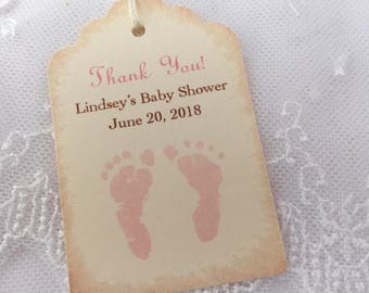 Personalized Baby Shower Tags Thank You Favor Tags Pink footprints Set of 10