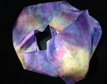Hand-dyed 100% silk scarf "Orange Blooms on Purple"
