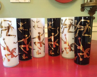 1950s Drinking Glasses / African Dancers Black, Gold, White Vintage Glasses / Mid Century Barware / Set 6 Glasses