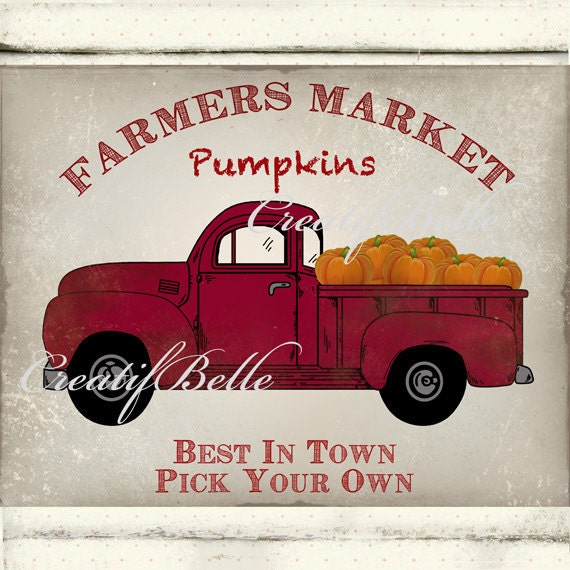 Farmers Market Vintage Farm Style Pumpkin Red Truck Large
