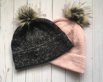 Marled Knit Beanie with Faux Fur Pom Pom