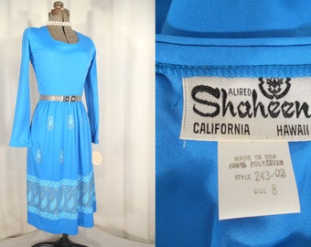 Vintage 1970s Dress - Alfred Shaheen Dress, Small Blue Boho Dress NOS