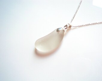 Seaham Sea Glass Perfect White "Bean" drop Pendant suspended from a sterling silver bail - E1764 - from Seaham, UK