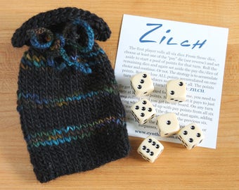 Zilch dice game with handknit bag