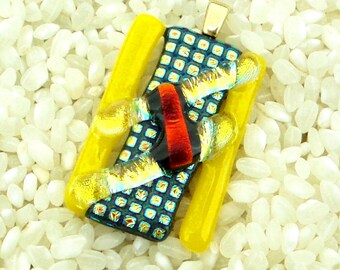 Fused Dichroic and Art Glass Pendant - Textured Patterned Yellow - Gold Plated Bail