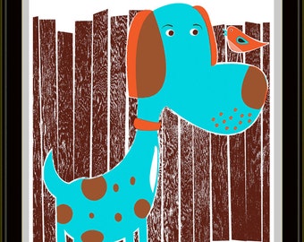 Bird Dog & Bird Modern Nursery Art - hand screen printed art print poster