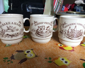 Vintage Set of 3 Kilncraft Mugs with Recipe , Hedgehog Tipsy-Cake, Bake a Hare, Parsnip Fritters