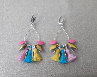 Blue, pink, yellow tassel earrings