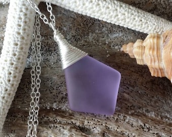 Made in Hawaii, Wire wrapped "Magical Color Changing" Purple sea glass necklace,925 sterling silver chain, sea glass jewelry.