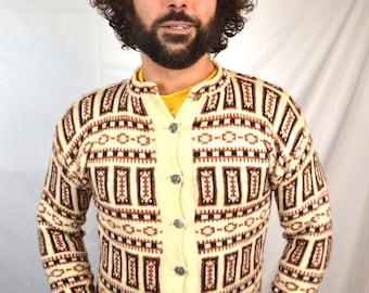 Vintage Cardigan Geometric 1960s 60s Wool Sweater - Made in Norway