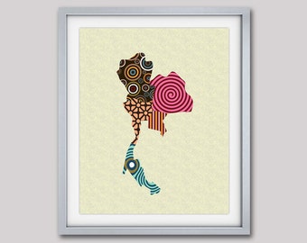 Thailand Map, Thailand Art, Map of Thailand, Thailand Decor, Thailand Poster, Bangkok, Southeast Asian Map