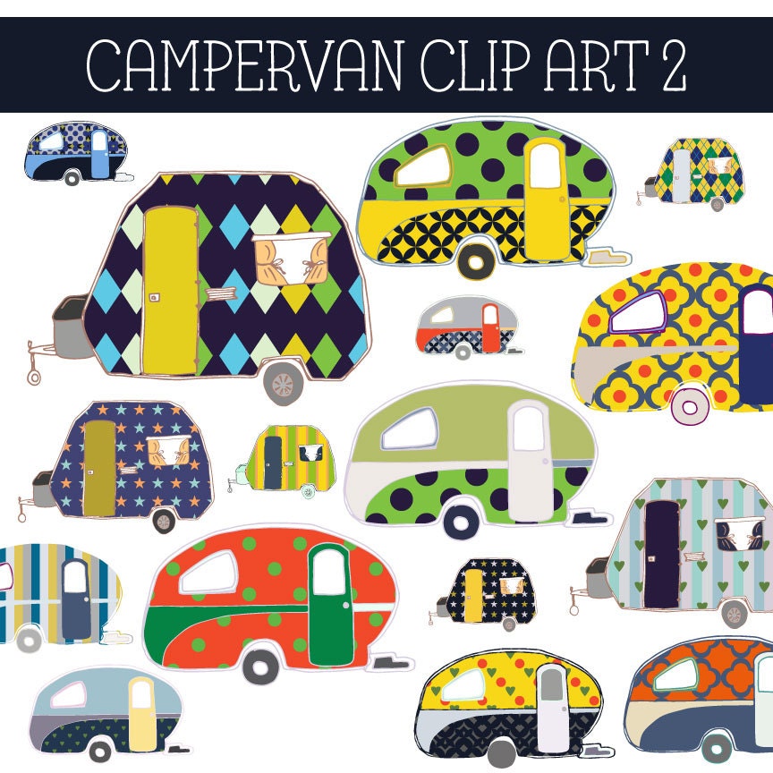Camper Van Digital Clip Art Vintage Graphic Yellow Green Camper Van Digital Clip Art Vintage Graphic Yellow Green