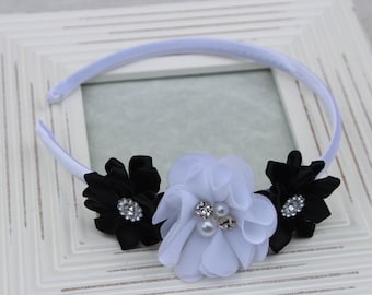 Black and white headbands, black satin headband, toddler headband, black and white flower girls headband, black and white hair accessories
