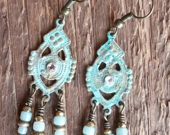 Medallion Earrings, Beaded Earrings, Antiqued Earrings, Dangle Earrings, Green Earrings, Bohemian Jewelry