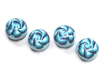 Polymer clay rondelle beads, round pressed beads in blue, turquoise and white, elegant beads, rose pattern beads, set of 4