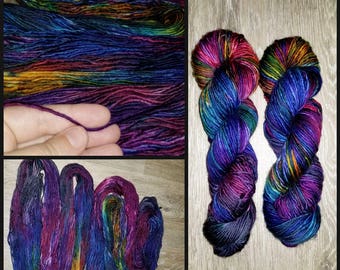 Lalotai - Hand dyed - SW Merino DK Single Ply 240 yards 100g - knitting crocheting weaving quick knit - purple rainbow blue red brown vivid
