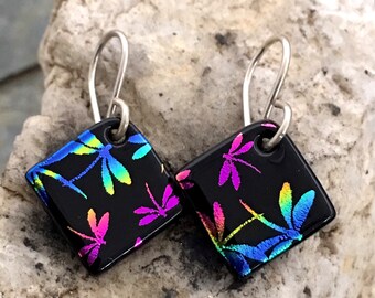 Small Pretty Rainbow Dragonfly Dichroic Glass Earrings