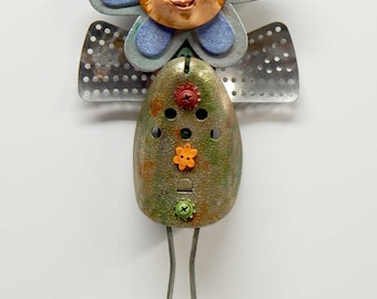 Assemblage Art Doll Mixed Media Flower Fairie Blue
