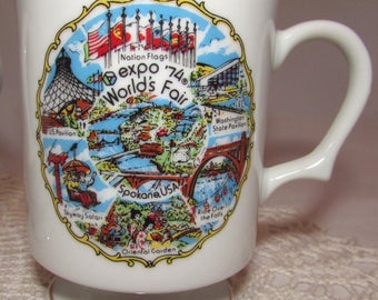 TWO - Vintage Souvenir Porcelain Ceramic 1974 Worlds Fair Expo Coffee Cups Mugs, Spokane Washington state