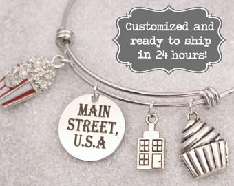 Main Street USA - DISNEY Inspired, Walt Disney World Disneyland, Bakery, Popcorn Custom Name Charm Bracelet, Adjustable Bangle, Personalized