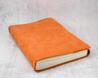Orange leather journal sketchbook, unique notebook A5 travel journal, writing journal