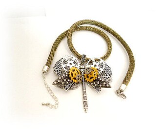 Large Steampunk Necklace_STN0084129846_Steampunk Accessories_Dragonfly 3D Necklace_Gold Cord_Gift Ideas