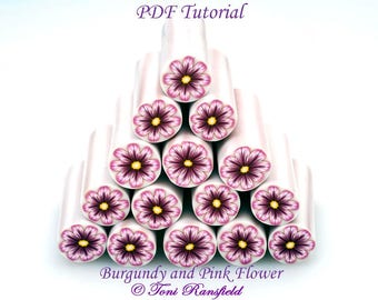 Polymer Clay Tutorial; Burgundy and Pink Flower Tutorial, PDF Tutorial , Polymer Clay, Millefiori Cane, Learn How to Make a Flower