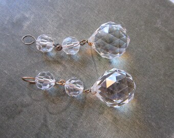 2 vintage chandelier crystals - salvaged prisms, dangle prism ball