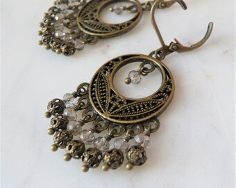 Crystal And Antiqued Brass Filigree Chandelier Earrings