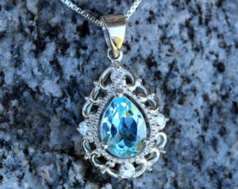 Sterling Silver Blue Topaz Necklace, Pear Drop Blue Topaz, Tear Drop Blue Topza, Gemstone Necklace, Birthstone Necklace, 925 Sterling Silver