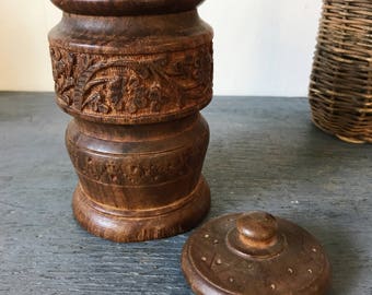vintage wooden jar with lid - carved wood trinket box - boho teakwood vase