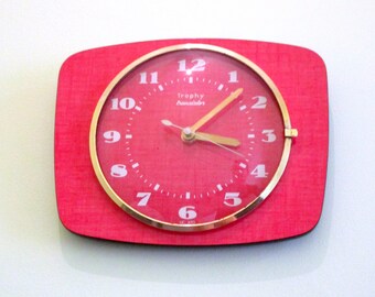 French 1950-60s Atomic Age - TROPHY Raspberry RED Formica Wall Clock - Funky Shape - Good Working Condition