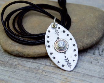 CZ Sterling Silver Necklace .Brass . Hand Stamped . Hand Forged . Sterling Necklace.Rustic. Necklace. Mixed Metals