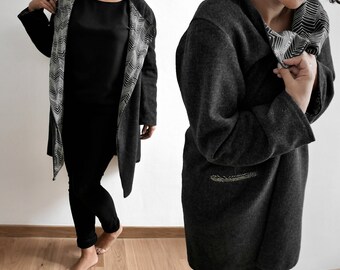 grey viscose wool coat black white internal