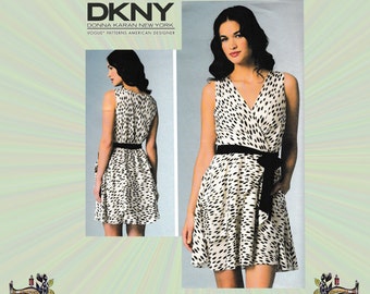DKNY Wrap Dress with Peplum & Flounce Skirt, Size 6-8-10-12-14, Bust 30-36, Vogue Sewing Pattern 1448