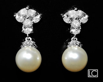 Bridal Ivory Pearl CZ Earrings Swarovski 10mm Pearl Wedding Earrings Pearl Drop Earrings Bridal Ivory Pearl Jewelry Bridesmaid Pearl Jewelry