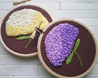 Embroidered Hydrangeas Hoop Art / Wall Hanging Set - Purple & Yellow Hydrangea Embroidery Textile Fiber Art - Floral Ombre Home Decor Gift