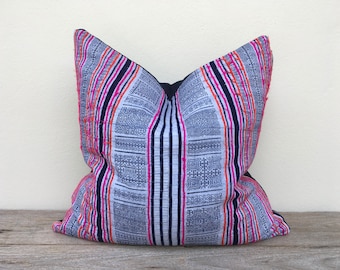 Vintage Cotton Tribal Hand Print Patch Work Pillow Case 20" x 20" Pieces Of Retro Tribal Costume Indigo hemp on reverse