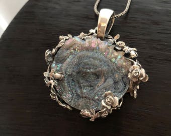 Rainbow Druzy Pendant, Unique Artisan Pendant, Gift for her, Anniversary Gift
